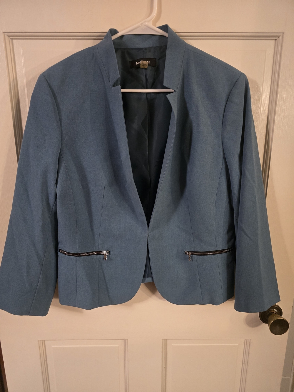 Nine West Dusty Blue Collarless Blazer with Zip Pockets #336